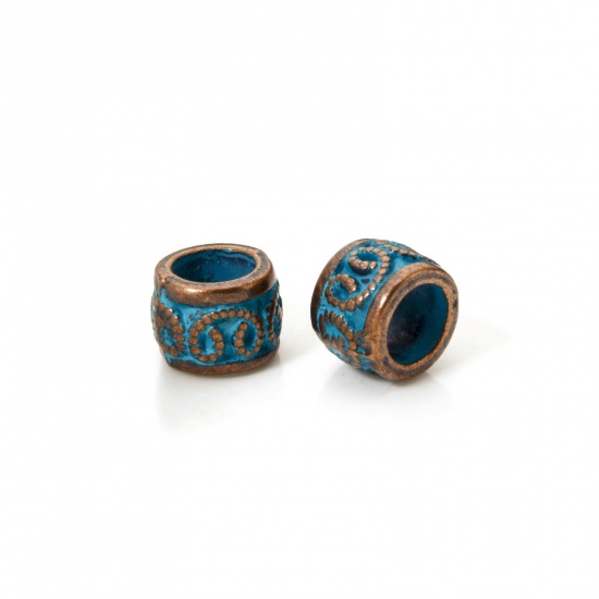 Immagine di 20 PCs Zinc Based Alloy Patina Spacer Beads For DIY Jewelry Making Antique Copper Blue Drum Heart About 9mm x 6.5mm, Hole: Approx 5.2mm