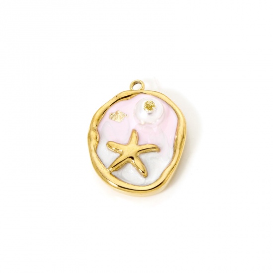 Image de 1 Pièce Breloques en 304 Acier Inoxydable Revêtement sous Vide PVD Respectueux de l'Environnement Style de Peinture à l'Huile Disque Rond Plaqué Or Véritable 18K Rose Clair Etoile de Mer Émail 23.5mm x 18mm