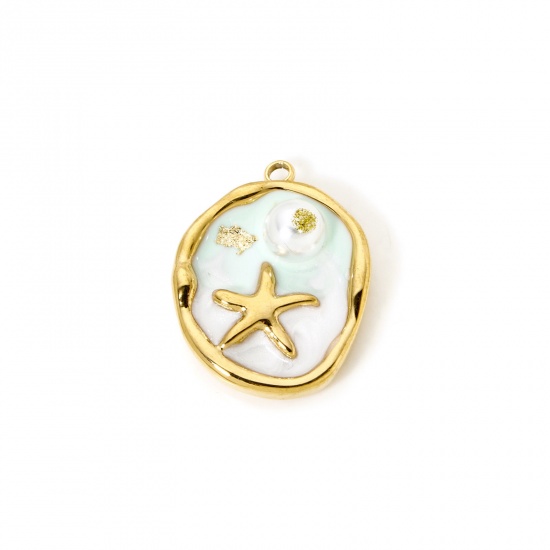Image de 1 Pièce Breloques en 304 Acier Inoxydable Revêtement sous Vide PVD Respectueux de l'Environnement Style de Peinture à l'Huile Disque Rond Plaqué Or Véritable 18K Vert Etoile de Mer Émail 23.5mm x 18mm