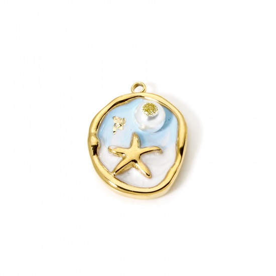 Image de 1 Pièce Breloques en 304 Acier Inoxydable Revêtement sous Vide PVD Respectueux de l'Environnement Style de Peinture à l'Huile Disque Rond Plaqué Or Véritable 18K Bleu Etoile de Mer Émail 23.5mm x 18mm