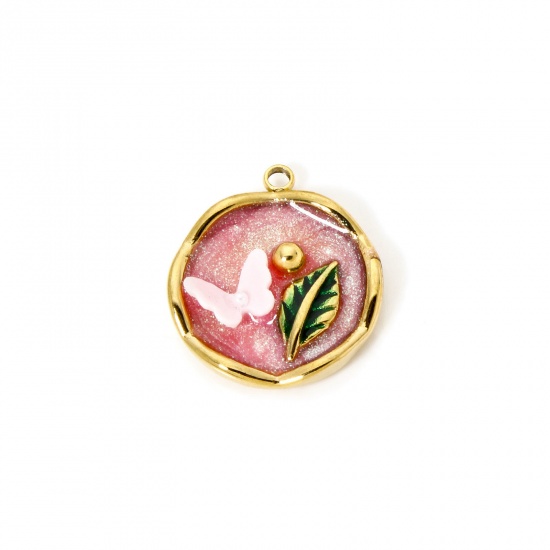 Image de 1 Pièce Breloques en 304 Acier Inoxydable Revêtement sous Vide PVD Respectueux de l'Environnement Style de Peinture à l'Huile Disque Rond Plaqué Or Véritable 18K Rose Papillons Émail 22mm x 19mm