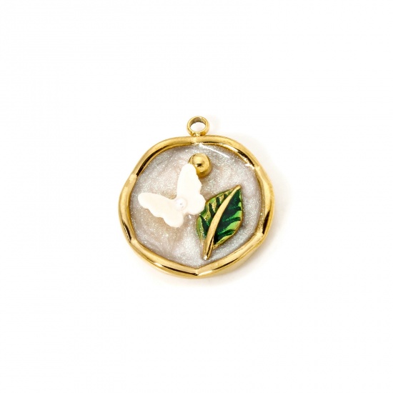 Image de 1 Pièce Breloques en 304 Acier Inoxydable Revêtement sous Vide PVD Respectueux de l'Environnement Style de Peinture à l'Huile Disque Rond Plaqué Or Véritable 18K Blanc Papillons Émail 22mm x 19mm
