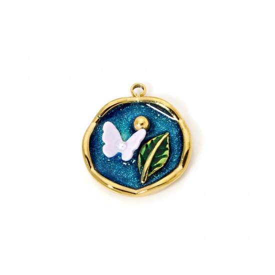 Image de 1 Pièce Breloques en 304 Acier Inoxydable Revêtement sous Vide PVD Respectueux de l'Environnement Style de Peinture à l'Huile Disque Rond Plaqué Or Véritable 18K Bleu Foncé Papillons Émail 22mm x 19mm