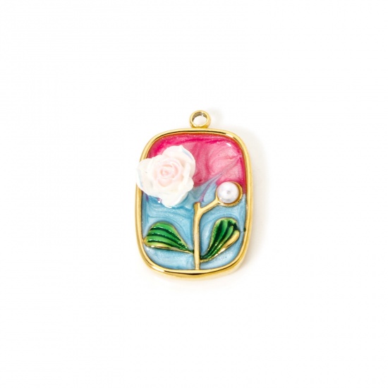 Image de 1 Pièce Breloques en 304 Acier Inoxydable Revêtement sous Vide PVD Respectueux de l'Environnement Style de Peinture à l'Huile Rectangle Plaqué Or Véritable 18K Fuchsia Rose Émail 24mm x 15.5mm