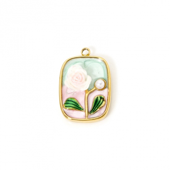 Image de 1 Pièce Breloques en 304 Acier Inoxydable Revêtement sous Vide PVD Respectueux de l'Environnement Style de Peinture à l'Huile Rectangle Plaqué Or Véritable 18K Vert Clair Rose Émail 24mm x 15.5mm