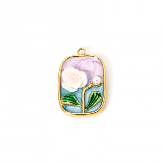 Image de 1 Pièce Breloques en 304 Acier Inoxydable Revêtement sous Vide PVD Respectueux de l'Environnement Style de Peinture à l'Huile Rectangle Plaqué Or Véritable 18K Mauve Rose Émail 24mm x 15.5mm