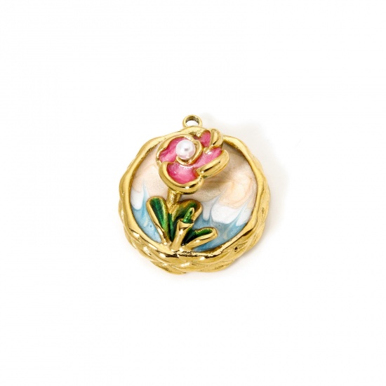 Image de 1 Pièce Breloques en 304 Acier Inoxydable Revêtement sous Vide PVD Respectueux de l'Environnement Style de Peinture à l'Huile Disque Rond Plaqué Or Véritable 18K Orange Clair Fleurs Émail 24mm x 21mm