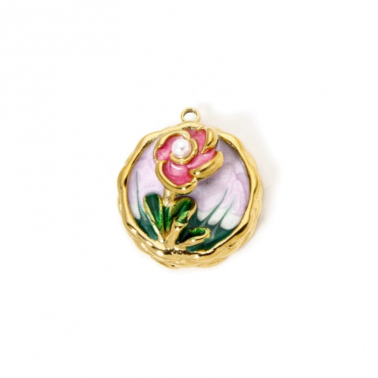 Image de 1 Pièce Breloques en 304 Acier Inoxydable Revêtement sous Vide PVD Respectueux de l'Environnement Style de Peinture à l'Huile Disque Rond Plaqué Or Véritable 18K Mauve Fleurs Émail 24mm x 21mm