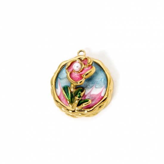 Image de 1 Pièce Breloques en 304 Acier Inoxydable Revêtement sous Vide PVD Respectueux de l'Environnement Style de Peinture à l'Huile Disque Rond Plaqué Or Véritable 18K Bleu Fleurs Émail 24mm x 21mm