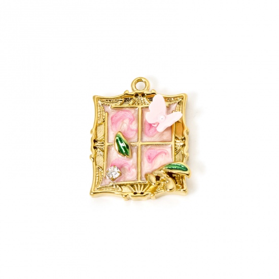 Image de 1 Pièce Breloques en 304 Acier Inoxydable Revêtement sous Vide PVD Respectueux de l'Environnement Style de Peinture à l'Huile Fênetre Plaqué Or Véritable 18K Rose Papillons Émail 26mm x 21mm