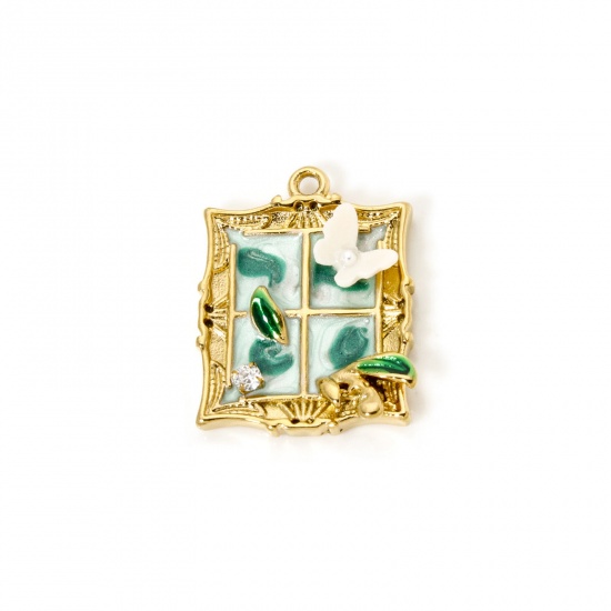 Image de 1 Pièce Breloques en 304 Acier Inoxydable Revêtement sous Vide PVD Respectueux de l'Environnement Style de Peinture à l'Huile Fênetre Plaqué Or Véritable 18K Vert Clair Papillons Émail 26mm x 21mm
