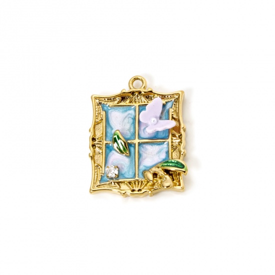 Image de 1 Pièce Breloques en 304 Acier Inoxydable Revêtement sous Vide PVD Respectueux de l'Environnement Style de Peinture à l'Huile Fênetre Plaqué Or Véritable 18K Bleu Papillons Émail 26mm x 21mm