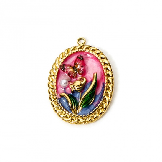 Image de 1 Pièce Pendentifs en 304 Acier Inoxydable Revêtement sous Vide PVD Respectueux de l'Environnement Style de Peinture à l'Huile Ovale Plaqué Or Véritable 18K Fuchsia Papillons Émail 3cm x 2.1cm