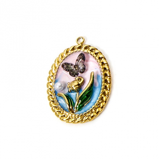 Image de 1 Pièce Pendentifs en 304 Acier Inoxydable Revêtement sous Vide PVD Respectueux de l'Environnement Style de Peinture à l'Huile Ovale Plaqué Or Véritable 18K Rose Clair Papillons Émail 3cm x 2.1cm