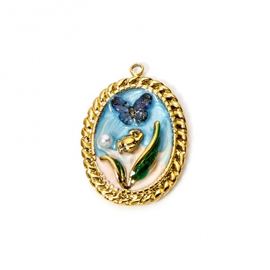 Image de 1 Pièce Pendentifs en 304 Acier Inoxydable Revêtement sous Vide PVD Respectueux de l'Environnement Style de Peinture à l'Huile Ovale Plaqué Or Véritable 18K Bleu Papillons Émail 3cm x 2.1cm