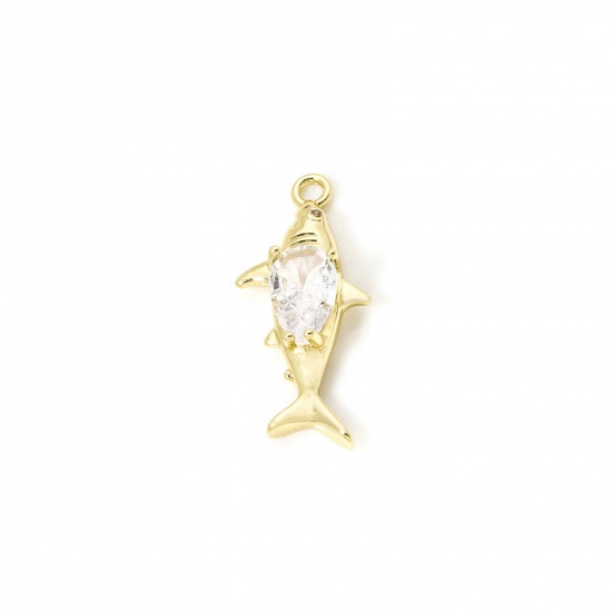 1 Piece Eco-friendly Brass Ocean Jewelry Charms 18K Real Gold Plated Shark Animal Clear Cubic Zirconia 23mm x 10mm の画像