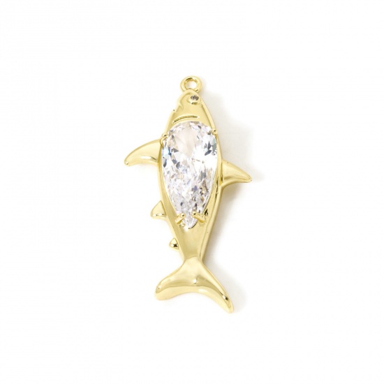 1 Piece Eco-friendly Brass Ocean Jewelry Pendants 18K Real Gold Plated Shark Animal Clear Cubic Zirconia 4.3mm x 2.1mm の画像