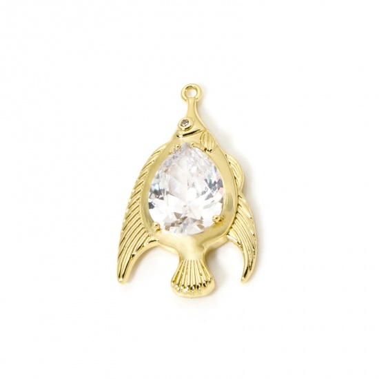 1 Piece Eco-friendly Brass Ocean Jewelry Pendants 18K Real Gold Plated Fish Animal Clear Cubic Zirconia 3.8cm x 2.3cm の画像