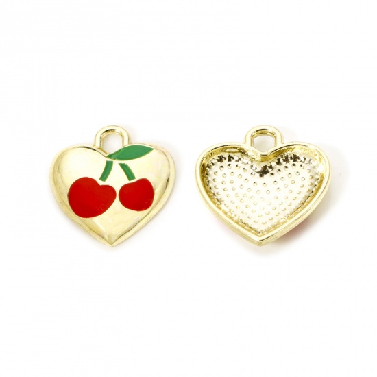 Picture of 2 PCs Brass Charms 18K Gold Plated Red & Green Heart Cherry Fruit Enamel 16mm x 15mm