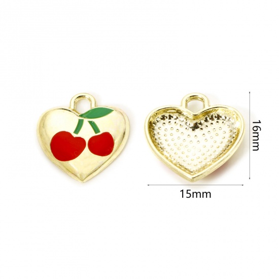 Picture of 2 PCs Brass Charms 18K Gold Plated Red & Green Heart Cherry Fruit Enamel 16mm x 15mm