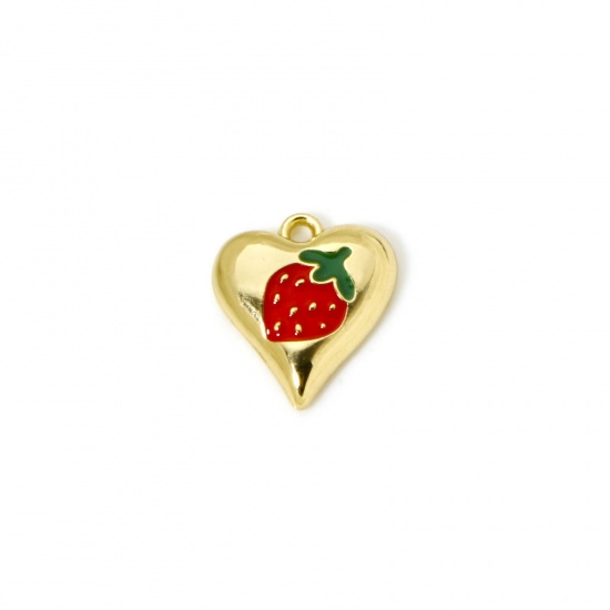 Picture of 2 PCs Brass Charms 18K Gold Plated Red & Green Heart Strawberry Fruit Enamel 15mm x 13mm