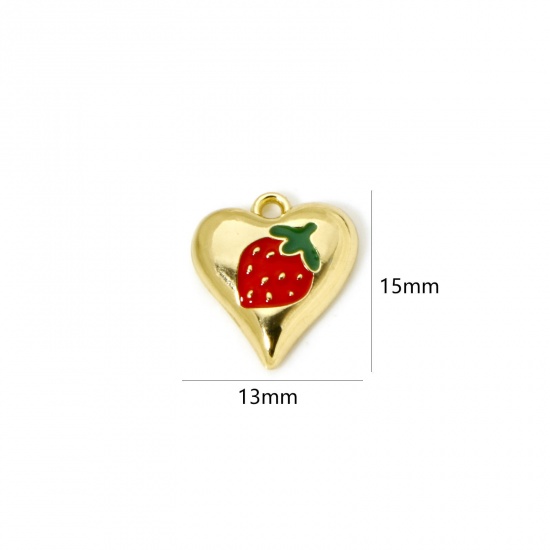 Picture of 2 PCs Brass Charms 18K Gold Plated Red & Green Heart Strawberry Fruit Enamel 15mm x 13mm