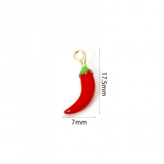 Picture of 2 PCs Brass Charms 18K Gold Plated Red & Green Pepper Enamel 3D 17.5mm x 7mm