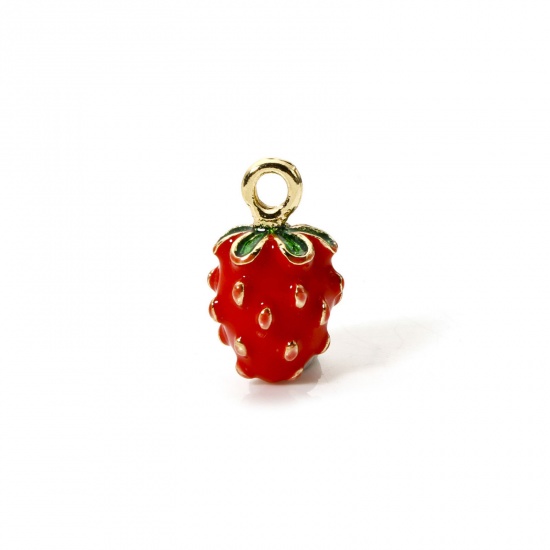 Picture of 2 PCs Brass Charms 18K Gold Plated Red & Green Strawberry Fruit Fruit Enamel 3D 16mm x 10mm