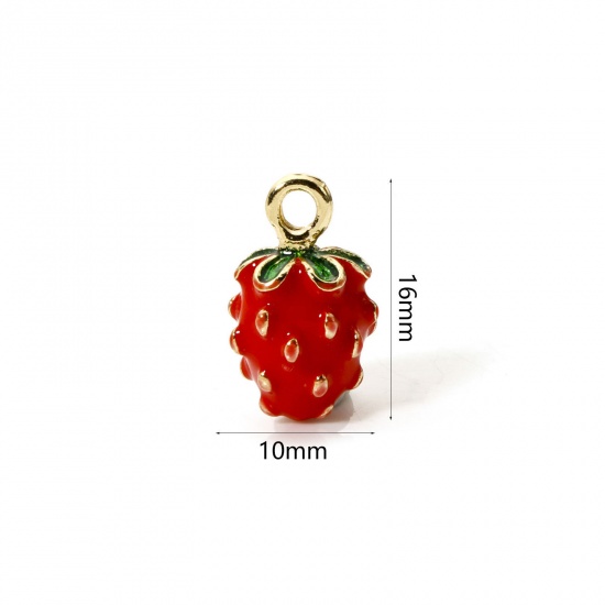 Picture of 2 PCs Brass Charms 18K Gold Plated Red & Green Strawberry Fruit Fruit Enamel 3D 16mm x 10mm