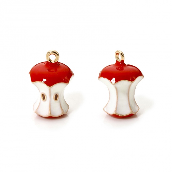 Picture of 2 PCs Brass Charms 18K Gold Plated White & Red Apple Fruit Fruit Enamel 3D 15mm x 10mm