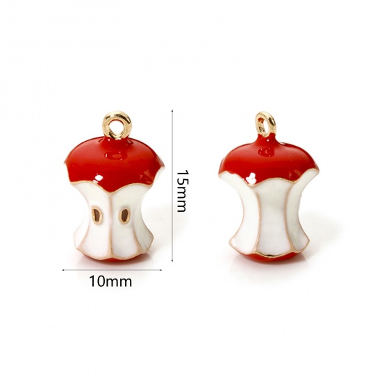 Picture of 2 PCs Brass Charms 18K Gold Plated White & Red Apple Fruit Fruit Enamel 3D 15mm x 10mm