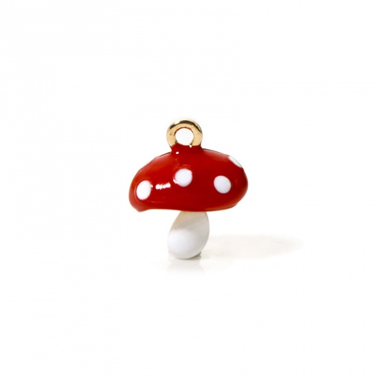 Picture of 2 PCs Brass Charms 18K Gold Plated White & Red Mushroom Enamel 3D 15mm x 13mm