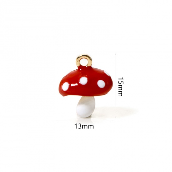 Picture of 2 PCs Brass Charms 18K Gold Plated White & Red Mushroom Enamel 3D 15mm x 13mm