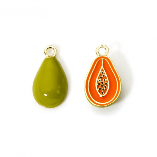 Picture of 2 PCs Brass Charms 18K Gold Plated Olive Green Papaya Fruit Enamel 3D 19mm x 11mm