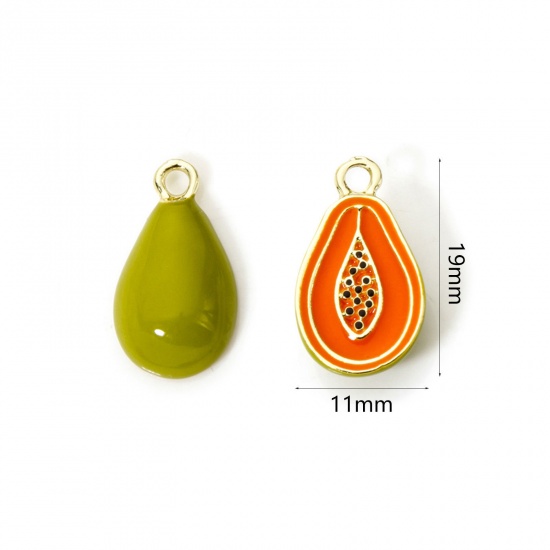 Picture of 2 PCs Brass Charms 18K Gold Plated Olive Green Papaya Fruit Enamel 3D 19mm x 11mm