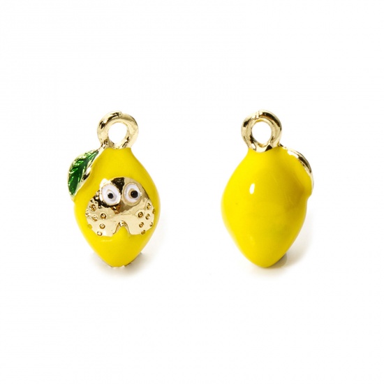 Picture of 2 PCs Brass Charms 18K Gold Plated Yellow Lemon Fruit Enamel 3D 16.5mm x 9mm