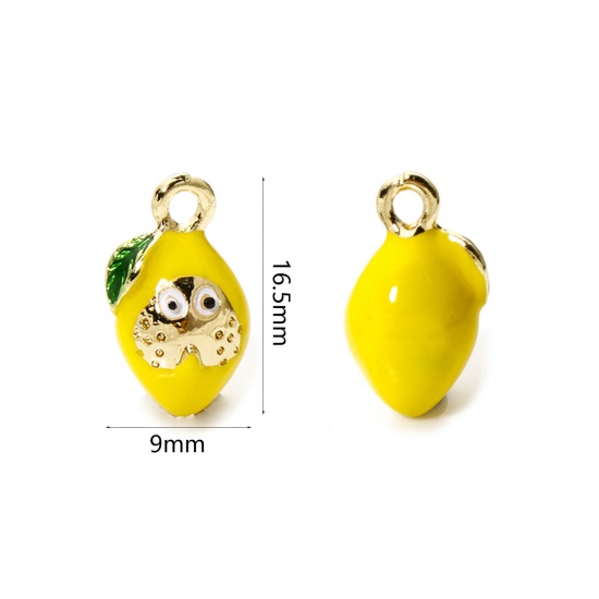 Picture of 2 PCs Brass Charms 18K Gold Plated Yellow Lemon Fruit Enamel 3D 16.5mm x 9mm