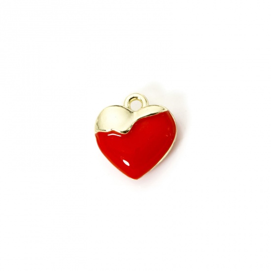 Picture of 2 PCs Brass Valentine's Day Charms 18K Gold Plated Red Heart Enamel 3D 12mm x 11.5mm