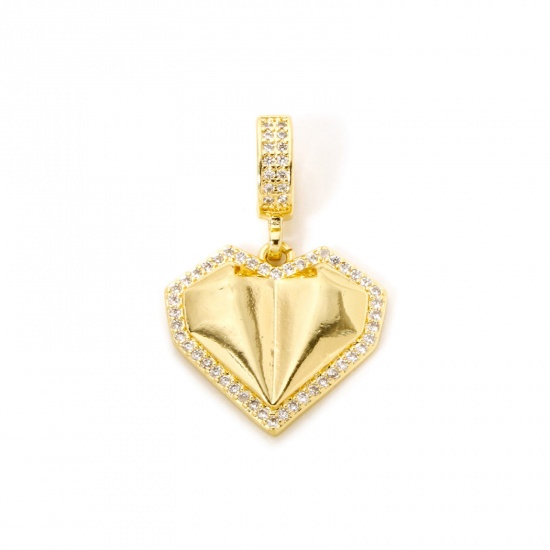 Imagen de 1 Unidad Respetuoso del Medio Ambiente Latón día de San Valentín Colgantes Corazón 18K Oro Real Chapado Micro Pave Claro Circón Artificial 3.3cm x 2.2cm