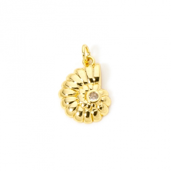 2 PCs Eco-friendly Brass Ocean Jewelry Charms 18K Real Gold Plated Conch/ Sea Snail Clear Cubic Zirconia 21mm x 12.5mm の画像