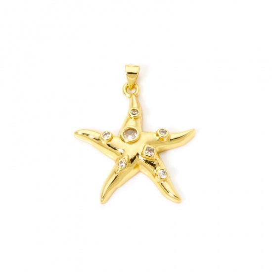 2 PCs Eco-friendly Brass Ocean Jewelry Pendants 18K Real Gold Plated Star Fish Clear Cubic Zirconia 3.5cm x 2.9cm の画像