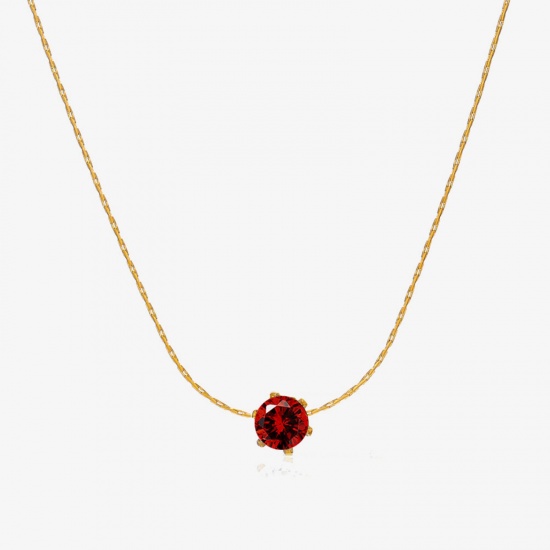 Picture of 1 Piece Eco-friendly PVD Vacuum Plating 304 Stainless Steel & Rhinestone Birthstone Crimpable Chain Necklace 18K Gold Plated Wine Red Round January With Lobster Claw Clasp And Extender Chain 41.5cm(16 3/8") long