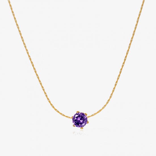 Picture of 1 Piece Eco-friendly PVD Vacuum Plating 304 Stainless Steel & Rhinestone Birthstone Crimpable Chain Necklace 18K Gold Plated Purple Round February With Lobster Claw Clasp And Extender Chain 41.5cm(16 3/8") long