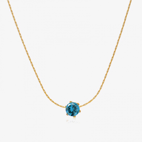 Picture of 1 Piece Eco-friendly PVD Vacuum Plating 304 Stainless Steel & Rhinestone Birthstone Crimpable Chain Necklace 18K Gold Plated Aqua Blue Round March With Lobster Claw Clasp And Extender Chain 41.5cm(16 3/8") long