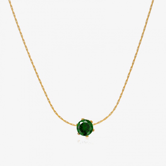 Picture of 1 Piece Eco-friendly PVD Vacuum Plating 304 Stainless Steel & Rhinestone Birthstone Crimpable Chain Necklace 18K Gold Plated Emerald Round May With Lobster Claw Clasp And Extender Chain 41.5cm(16 3/8") long