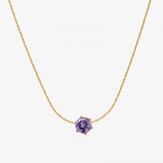 Picture of 1 Piece Eco-friendly PVD Vacuum Plating 304 Stainless Steel & Rhinestone Birthstone Crimpable Chain Necklace 18K Gold Plated Mauve Round June With Lobster Claw Clasp And Extender Chain 41.5cm(16 3/8") long