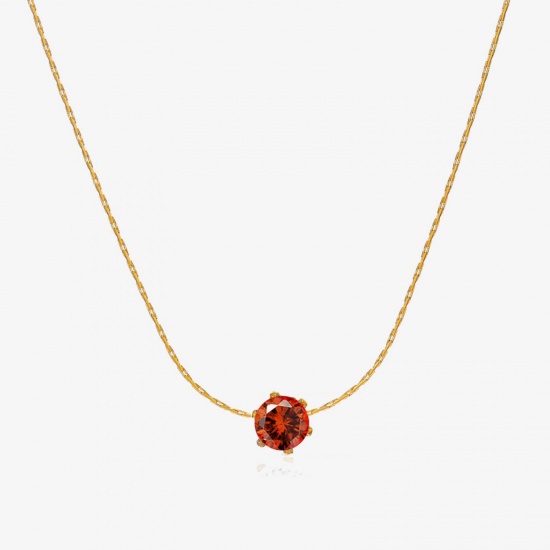 Picture of 1 Piece Eco-friendly PVD Vacuum Plating 304 Stainless Steel & Rhinestone Birthstone Crimpable Chain Necklace 18K Gold Plated Orange-red Round July With Lobster Claw Clasp And Extender Chain 41.5cm(16 3/8") long