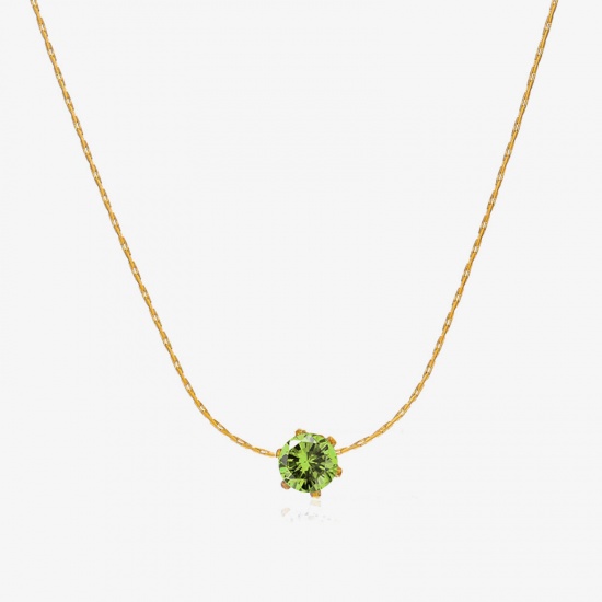 Picture of 1 Piece Eco-friendly PVD Vacuum Plating 304 Stainless Steel & Rhinestone Birthstone Crimpable Chain Necklace 18K Gold Plated Olive Green Round August With Lobster Claw Clasp And Extender Chain 41.5cm(16 3/8") long