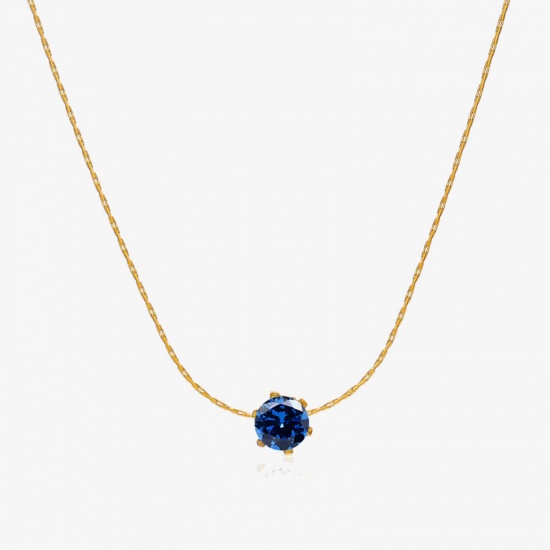 Picture of 1 Piece Eco-friendly PVD Vacuum Plating 304 Stainless Steel & Rhinestone Birthstone Crimpable Chain Necklace 18K Gold Plated Royal Blue Round September With Lobster Claw Clasp And Extender Chain 41.5cm(16 3/8") long