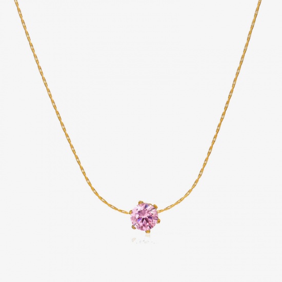 Picture of 1 Piece Eco-friendly PVD Vacuum Plating 304 Stainless Steel & Rhinestone Birthstone Crimpable Chain Necklace 18K Gold Plated Pink Round October With Lobster Claw Clasp And Extender Chain 41.5cm(16 3/8") long